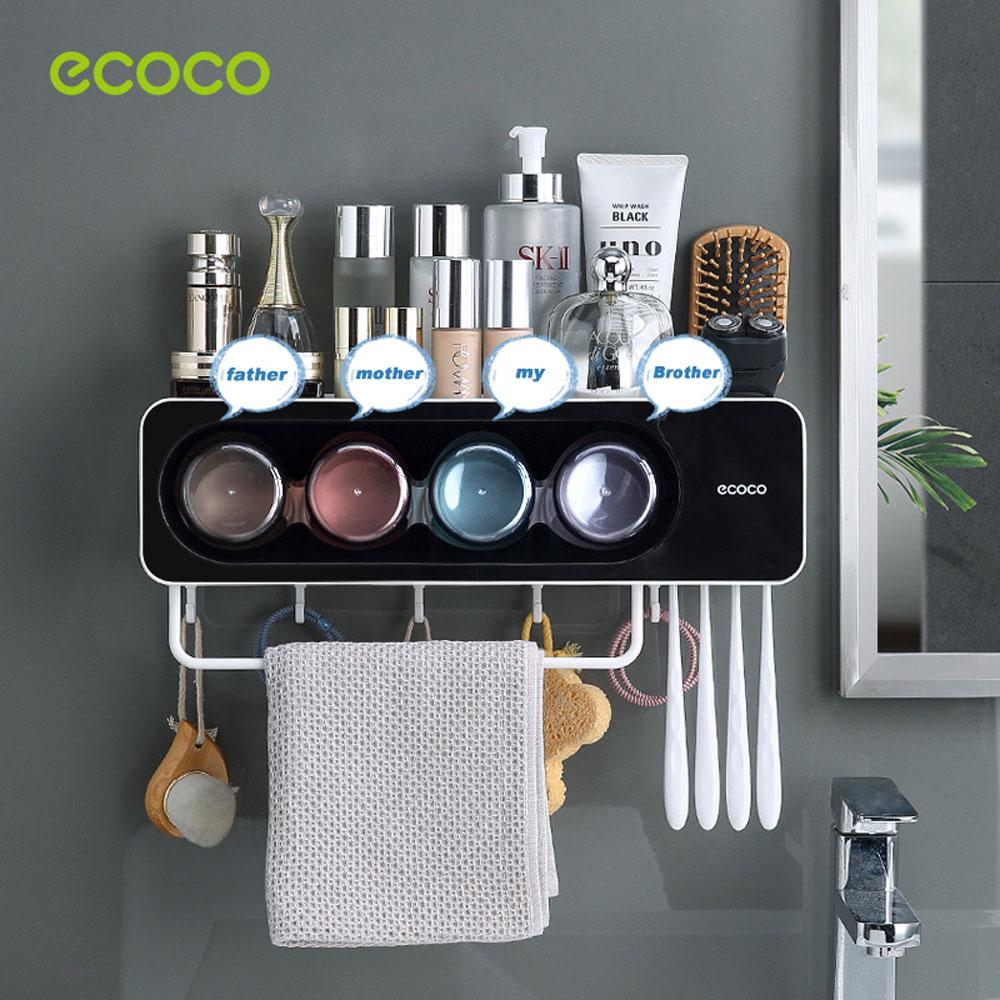 Ecoco Wall-Mounted Toothbrush Holder with 4 Cups and 4 Toothbrush Slots Toiletries Bathroom Storage Rack Black-3