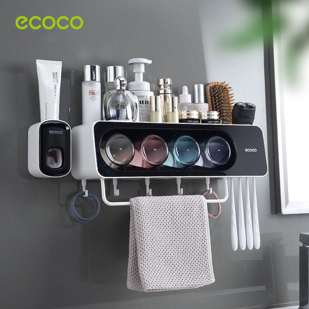 Ecoco Wall-Mounted Toothbrush Holder with 4 Cups and 4 Toothbrush Slots Toiletries Bathroom Storage Rack Black-5