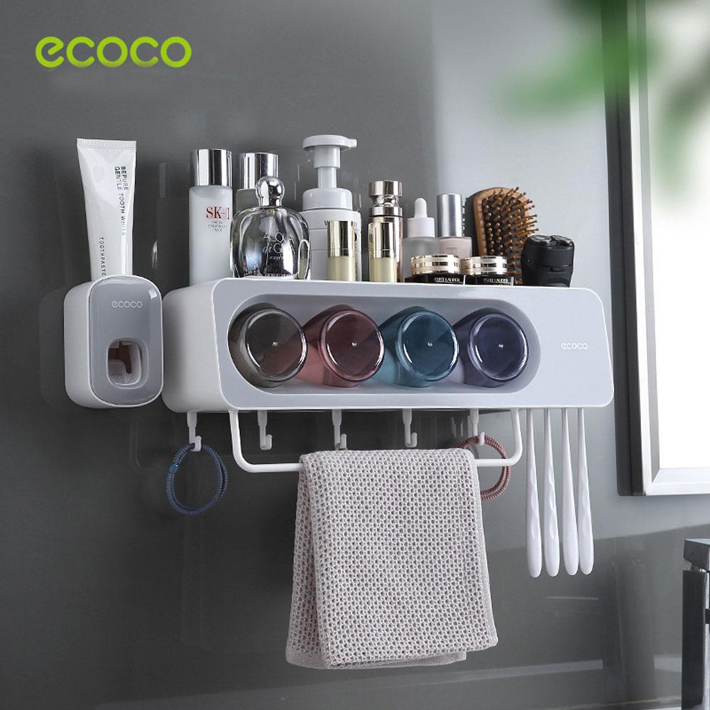 Ecoco Wall-Mounted Toothbrush Holder with 4 Cups and 4 Toothbrush Slots Toiletries Bathroom Storage Rack Black-6