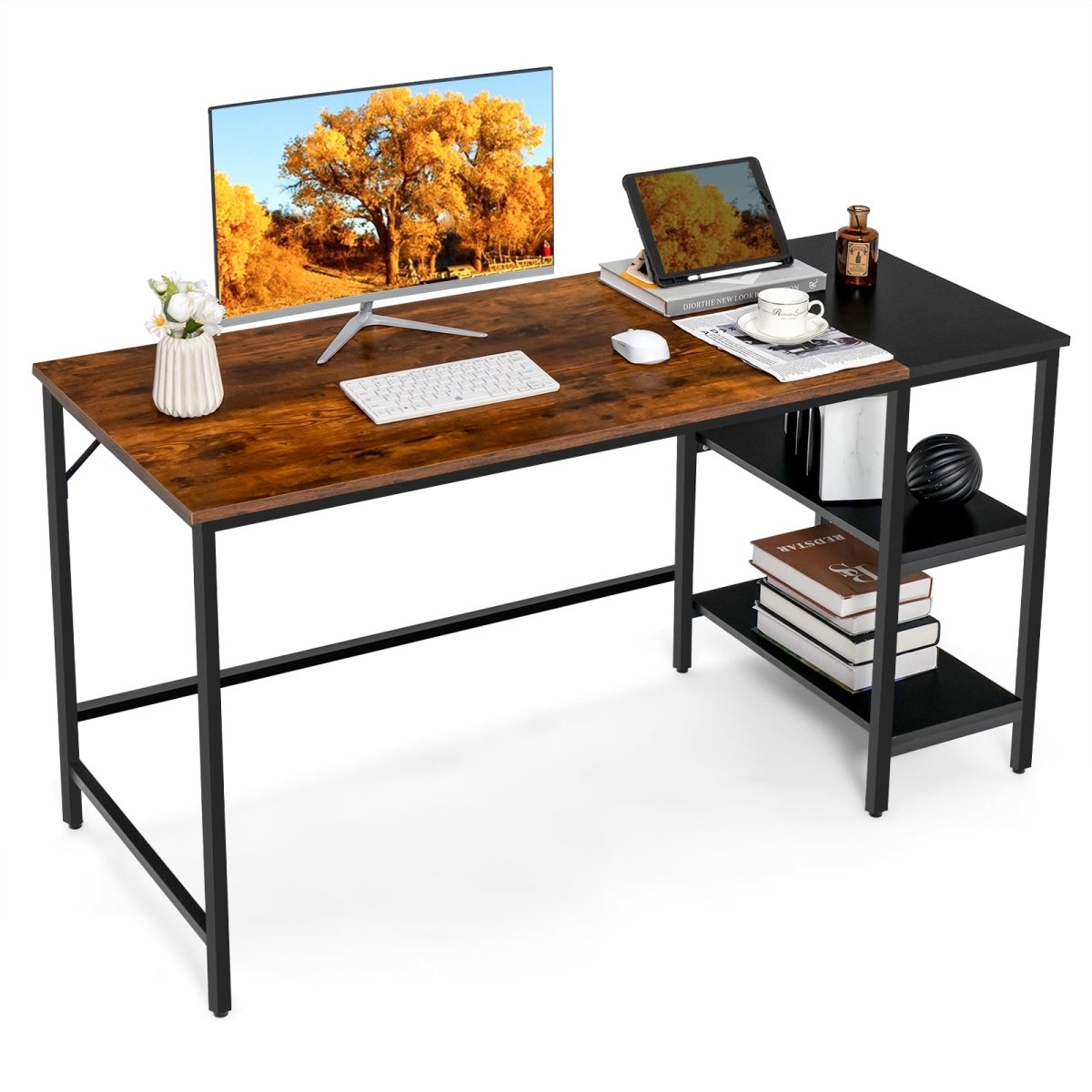 1.4m Computer Table Desk Book Storage Student Study Home Office Workstation Vintage Oak Finish-0