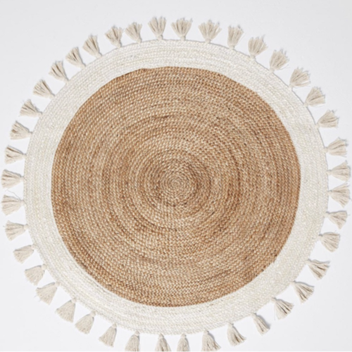 Bohemian Cream & Natural Braided Jute Cotton Round Rug with Tassel 120 x 120 cm-1