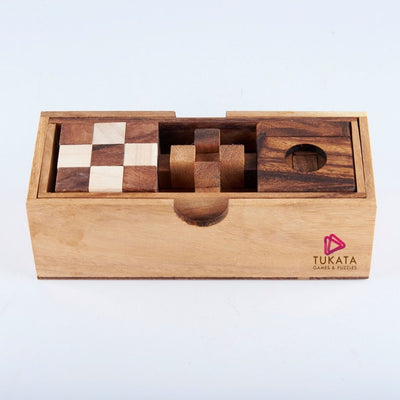 3 individual brainteaser wooden puzzles in a gift wooden box-1