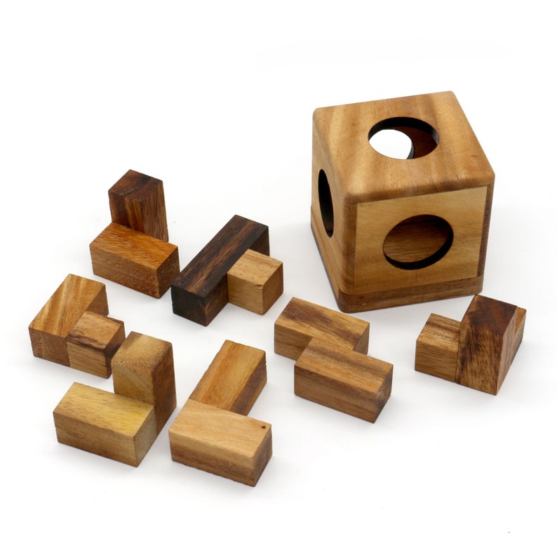 3 individual brainteaser wooden puzzles in a gift wooden box-3