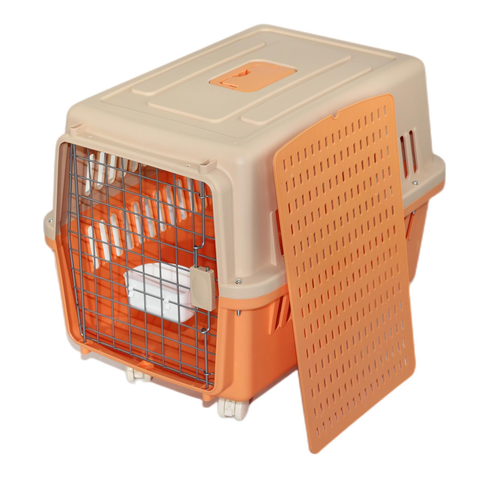 YES4PETS Large Dog Cat Crate Pet Carrier Rabbit Airline Cage With Tray, Bowl & Wheel Orange-0