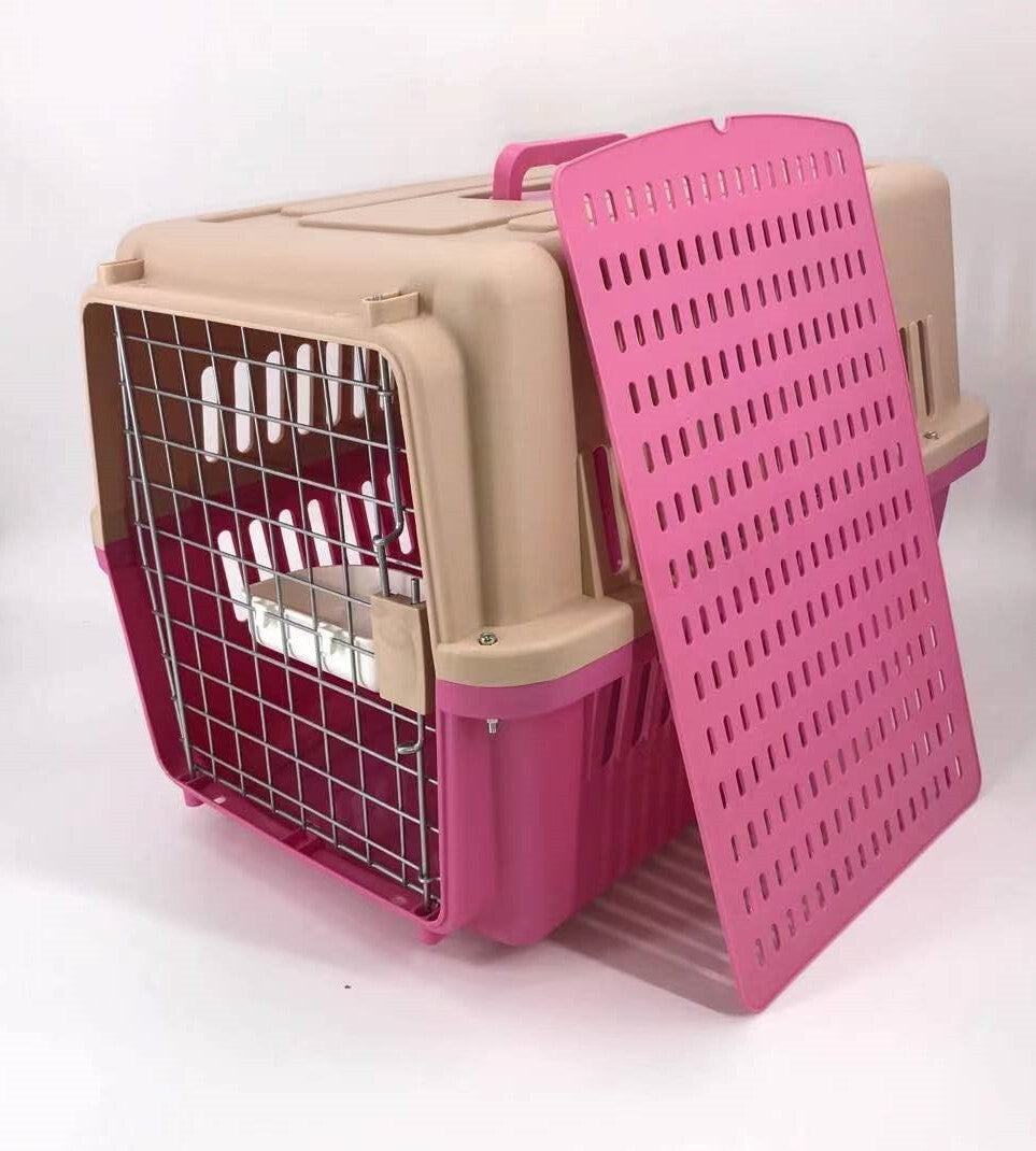 YES4PETS Large Dog Cat Crate Pet Carrier Airline Rabbit Cage With Tray And Bowl Pink-0