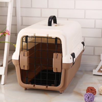 YES4PETS Medium Portable Plastic Dog Cat Pet Pets Carrier Travel Cage With Tray-Brown-0