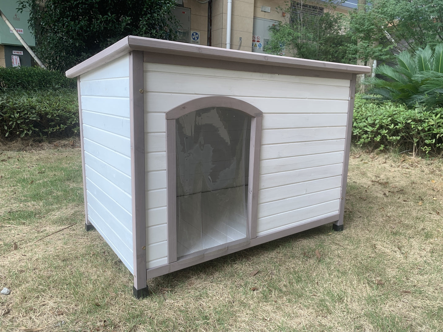 YES4PETS L Timber Pet Dog Kennel House Puppy Wooden Timber Cabin With Stripe White-0