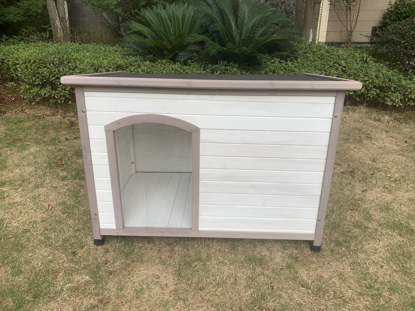 YES4PETS L Timber Pet Dog Kennel House Puppy Wooden Timber Cabin With Stripe White-1