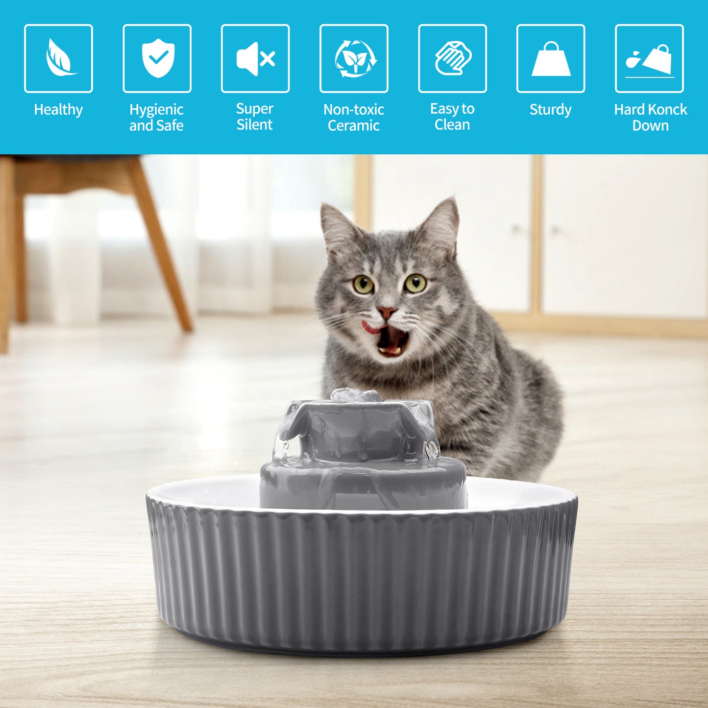 YES4PETS Grey Ceramic Electric Pet Water Fountain Dog Cat Water Feeder Bowl Dispenser-1