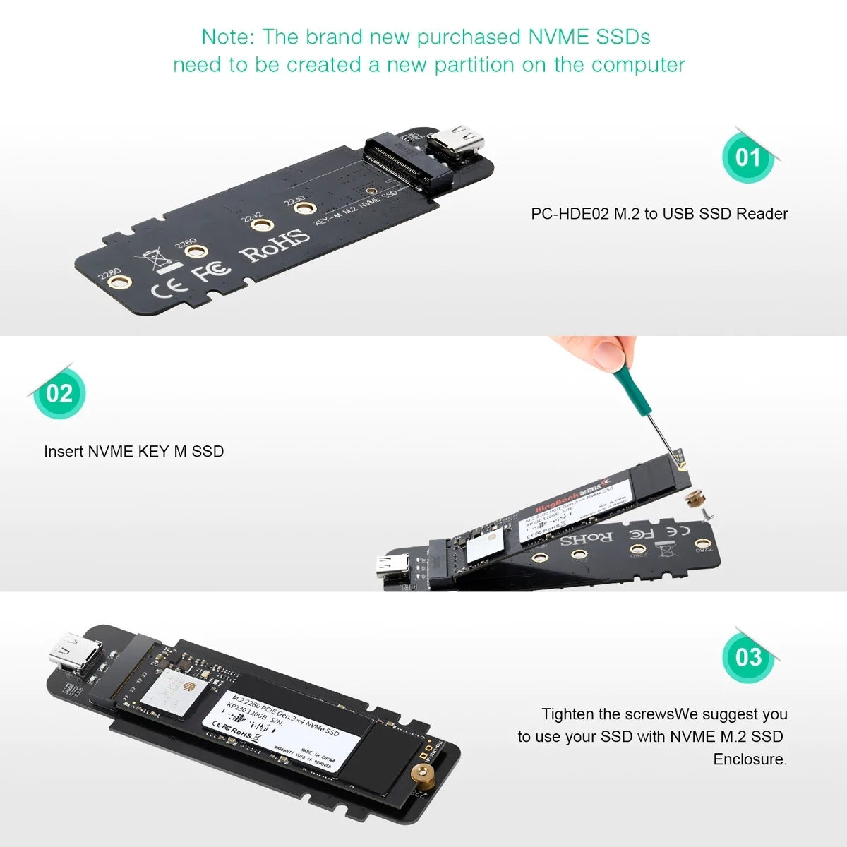 CHOETECH PC-HDE02 M.2 to USB SSD Reader (Enclosure only) Supports M-Key (PCI-E NVMe-based)-3