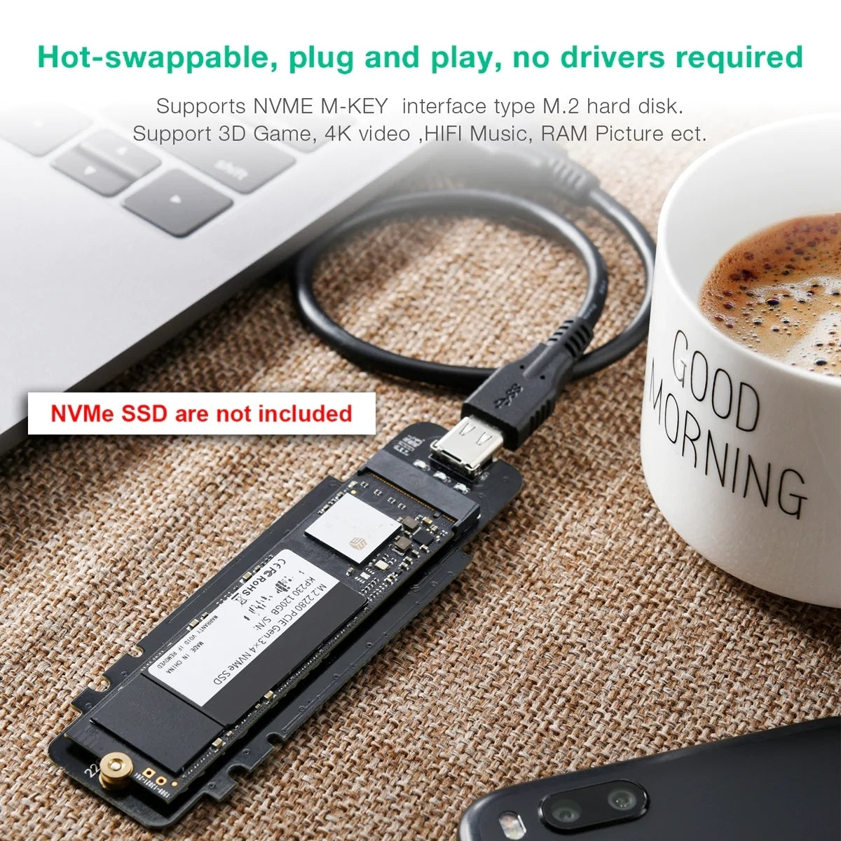 CHOETECH PC-HDE02 M.2 to USB SSD Reader (Enclosure only) Supports M-Key (PCI-E NVMe-based)-4