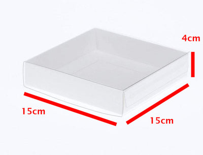 10 Pack of 15cm Square Invitation Coaster Favor Function product Presentation Cookie Biscuit Patisserie Gift Box - 4cm deep - White Card with Clear Slide On PVC Lid-1