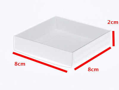 10 Pack of 8cm Square Wedding Invitation Coaster Favor Function product Presentation Cookie Biscuit Patisserie Gift Box - 2cm deep - White Card with Clear Slide On PVC Lid-1