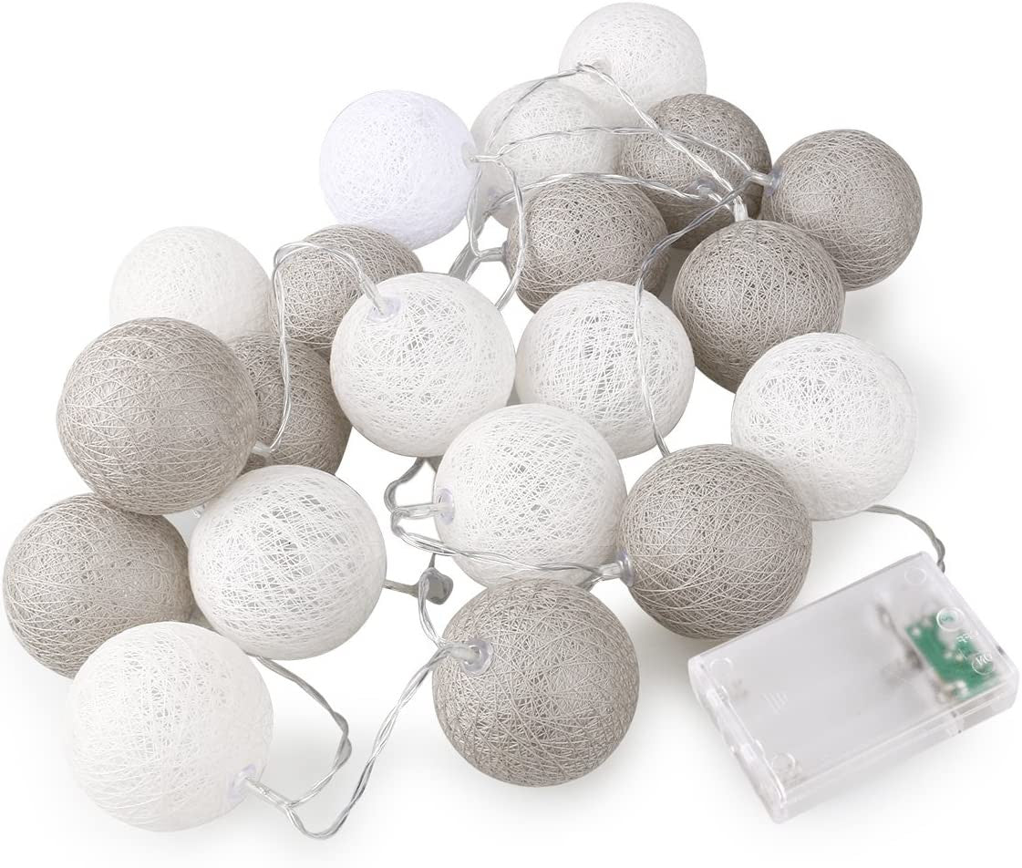 1 Set of 20 LED Grey White 5cm Cotton Ball Battery Powered String Lights Gift Home Wedding Party Bedroom Decoration Outdoor Indoor Table Centrepiece-0