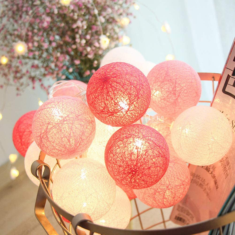 1 Set of 20 LED Pink 5cm Cotton Ball Battery Powered String Lights Christmas Gift Home Wedding Party Girl Bedroom Decoration Outdoor Indoor Table-4