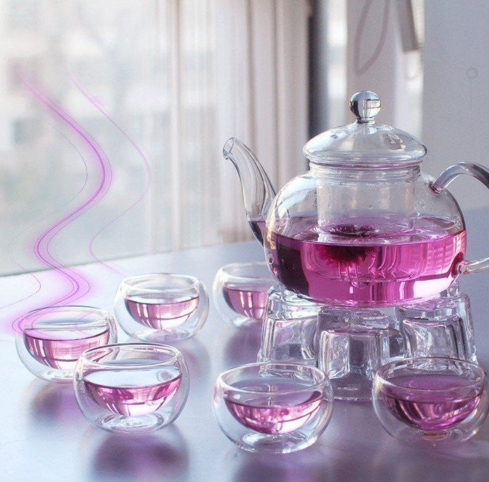 1 Set of Gongfu Chinese Ceremony Tea Set - 6 Glass cups with Infuser and Tealight Candle Pot Warmer-1