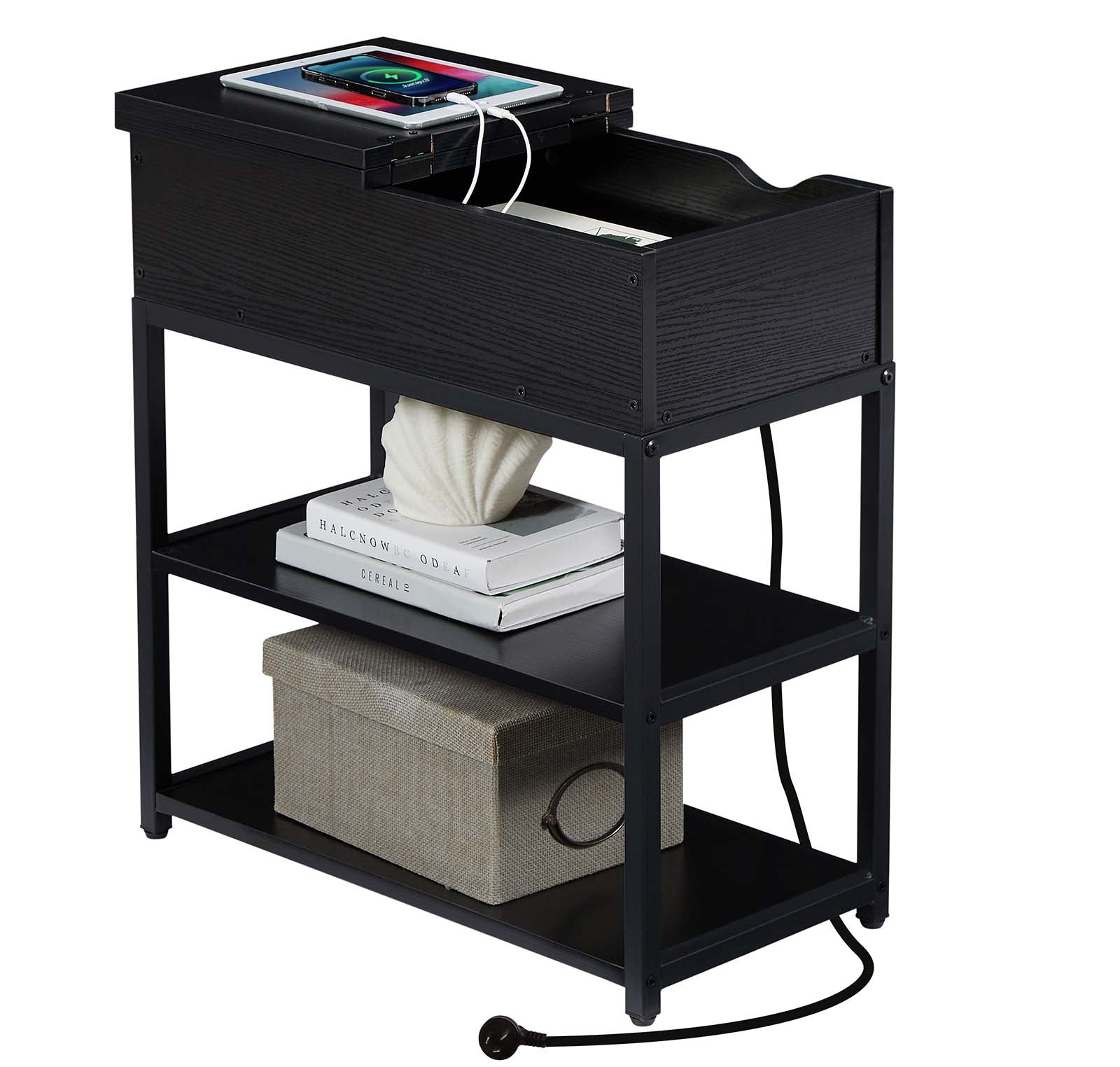 Casadiso Sofa Side Table with Integrated Charging Station - Multi-Tier Black Side Table with Built-in Power Board (Casadiso Saiph Pro)-0