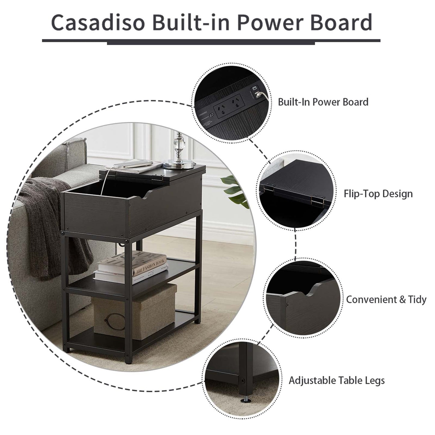 Casadiso Sofa Side Table with Integrated Charging Station - Multi-Tier Black Side Table with Built-in Power Board (Casadiso Saiph Pro)-4