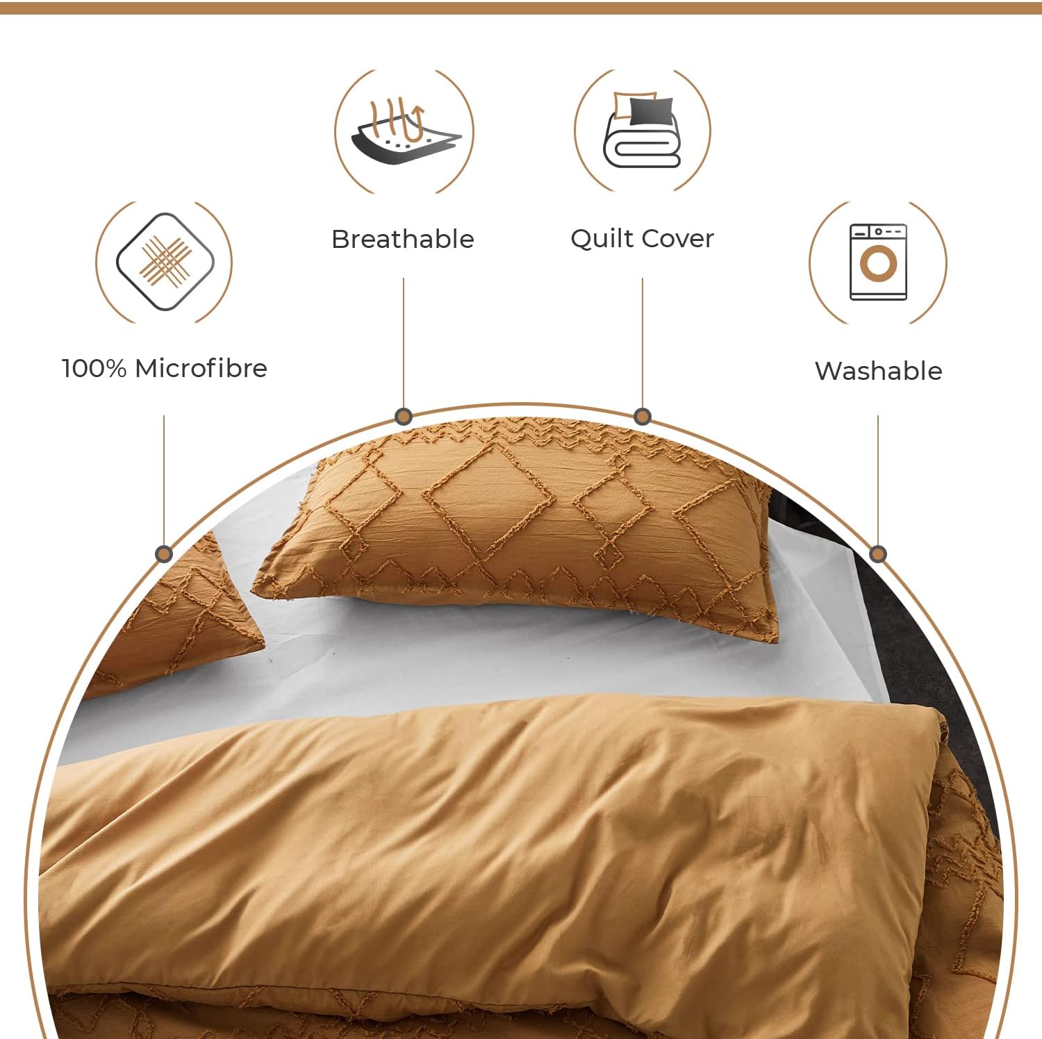 100% Premium Brushed Microfibre Tufted (3Pcs) Quilt Cover Set - Caramel - Queen Size-2