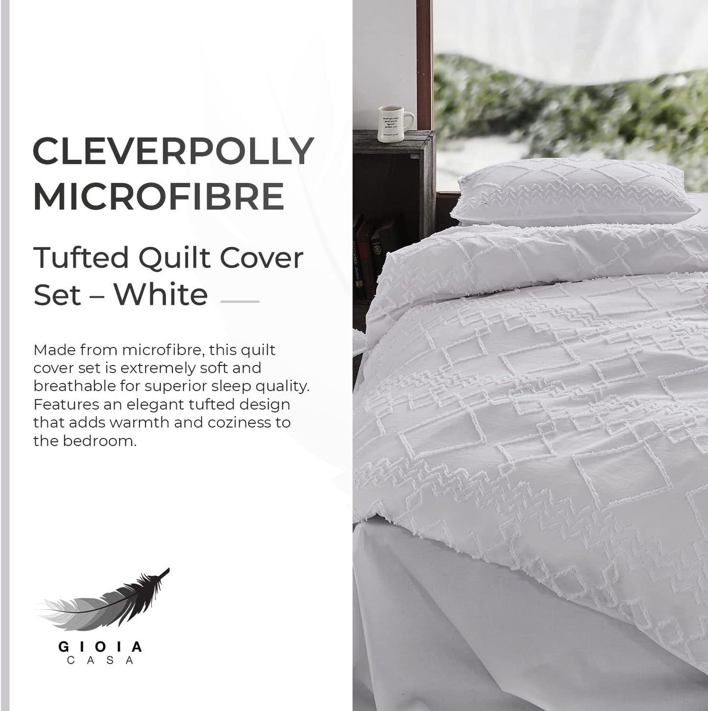 100% Premium Brushed Microfibre Tufted (3 Pcs) Quilt Cover Set - White - Queen Size-1