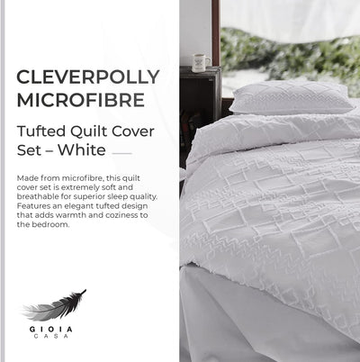 100% Premium Brushed Microfibre Tufted (3 Pcs) Quilt Cover Set - White - Queen Size-1