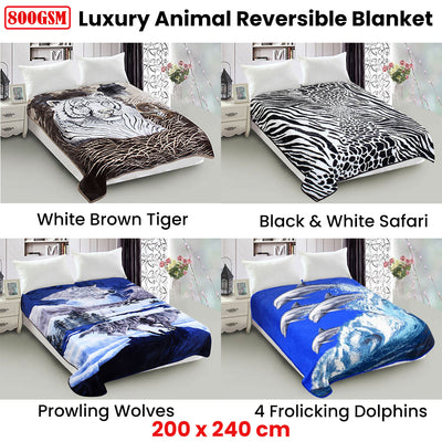 800GSM Luxury Reversible Animal Mink Blanket Queen 200 x 240 cm Frolicking Dolphins-1