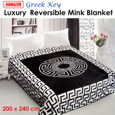 800GSM Luxury Reversible Mink Blanket Greek Key Black Queen 200 x 240 cm-1