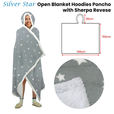 Adult Men Women Open Blanket Hoodie Poncho with Sherpa Fleece Reverse Silver Star-1