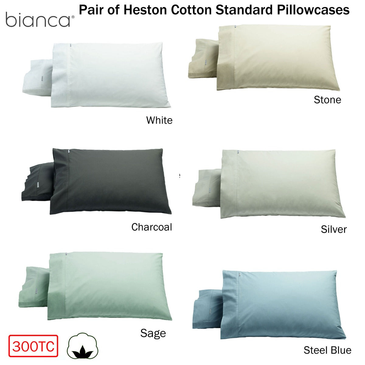 Bianca Pair of Heston Cotton Percale Standard Pillowcases Charcoal-1