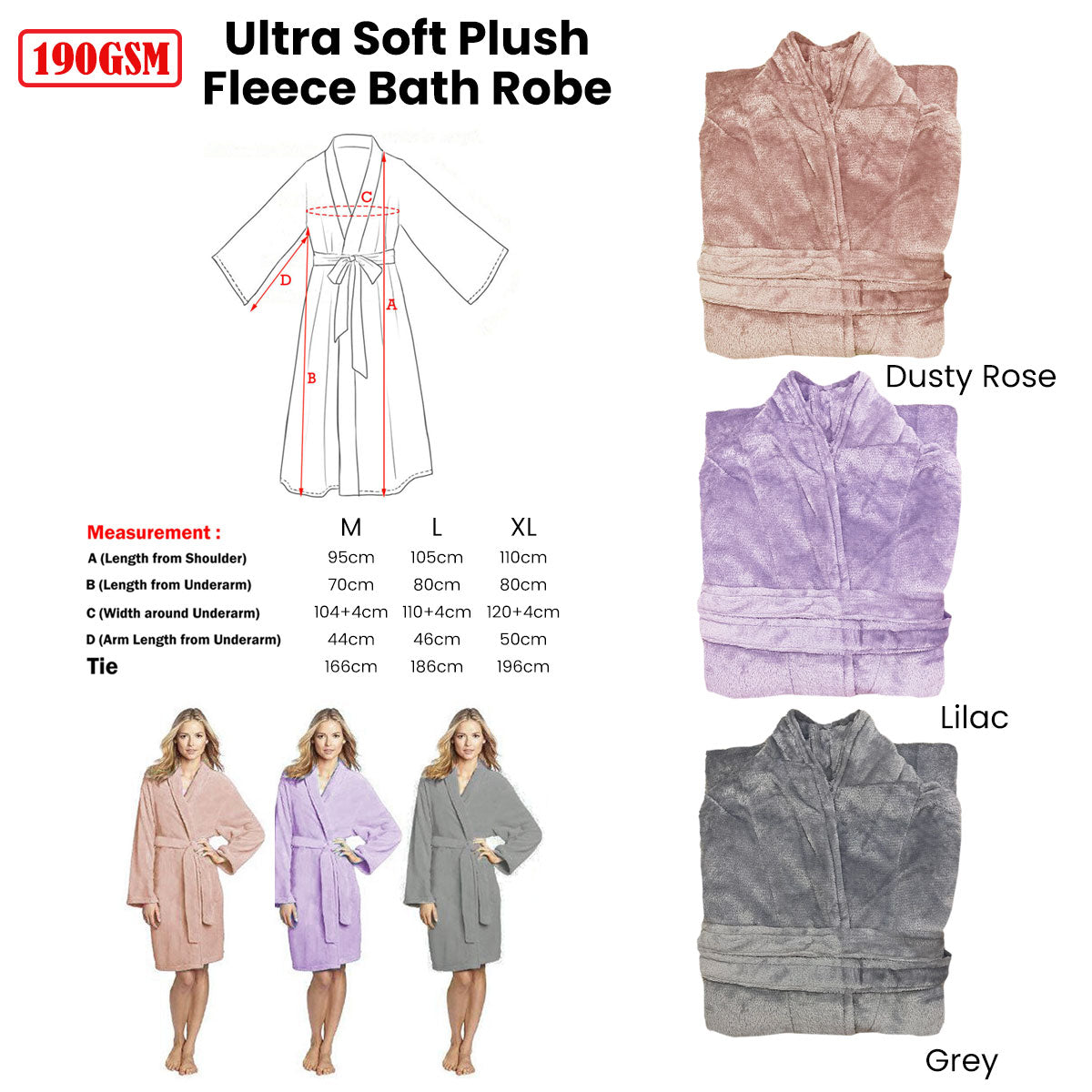 190GSM Ultra Soft Plush Fleece Bath Robe Dusty Rose L-1