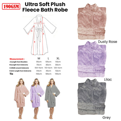 190GSM Ultra Soft Plush Fleece Bath Robe Dusty Rose L-1