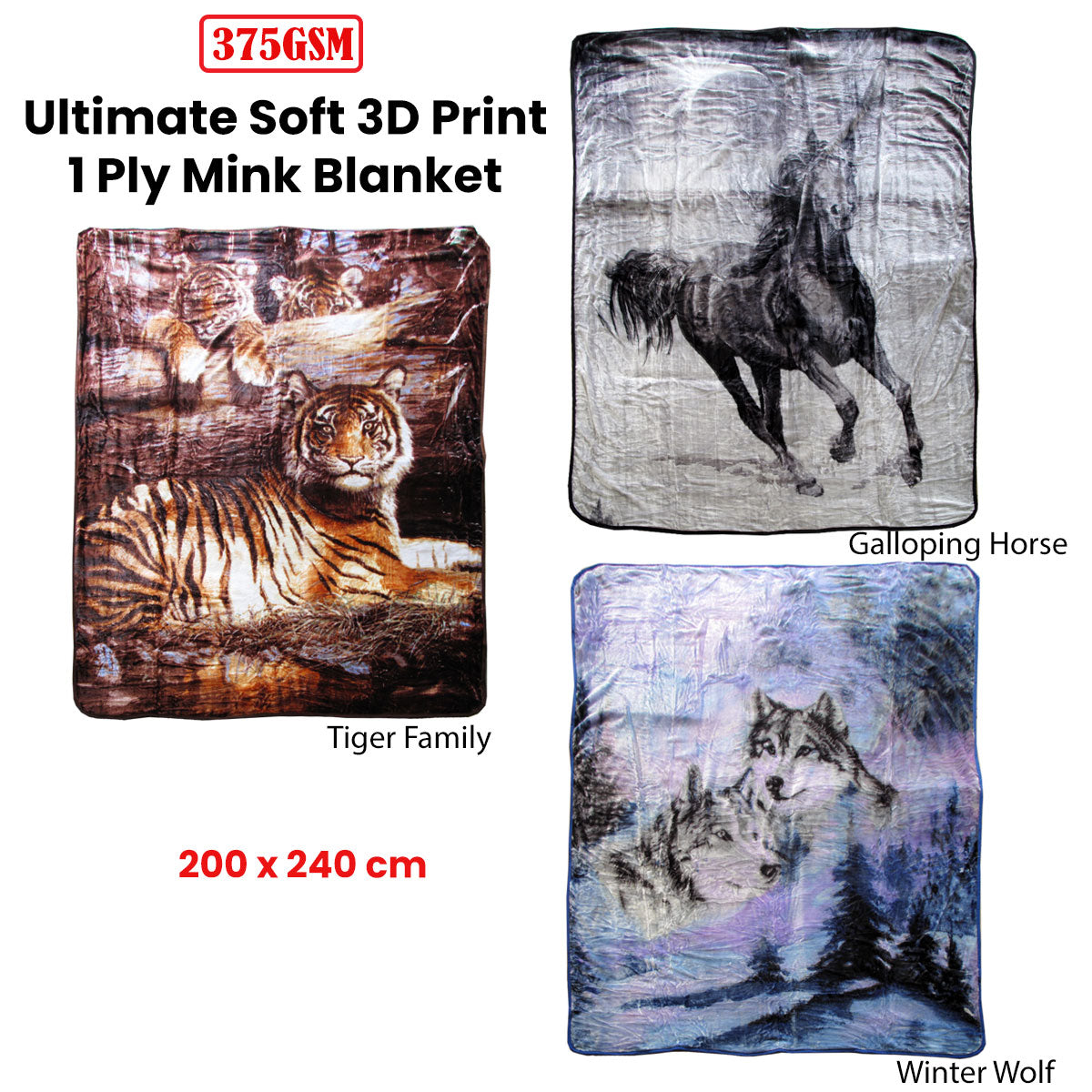 375gsm 1 Ply 3D Print Faux Mink Blanket Queen 200x240 cm Galloping Horse-2