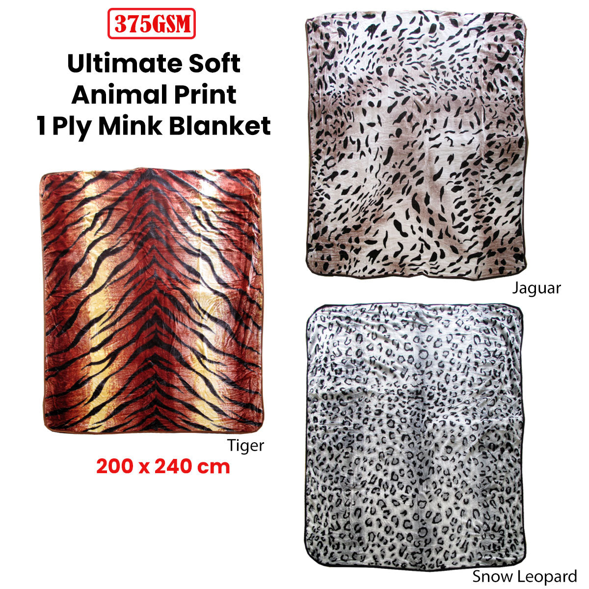 375gsm 1 Ply Animal Print Faux Mink Blanket Queen 200x240 cm Jaguar-2