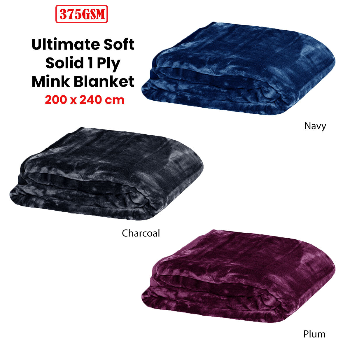 375gsm 1 Ply Solid Faux Mink Blanket Queen 200x240 cm Charcoal-1