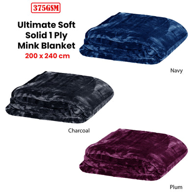 375gsm 1 Ply Solid Faux Mink Blanket Queen 200x240 cm Navy-1