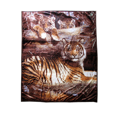 675gsm 2 Ply 3D Print Faux Mink Blanket Queen 200x240 cm Tiger Family-0