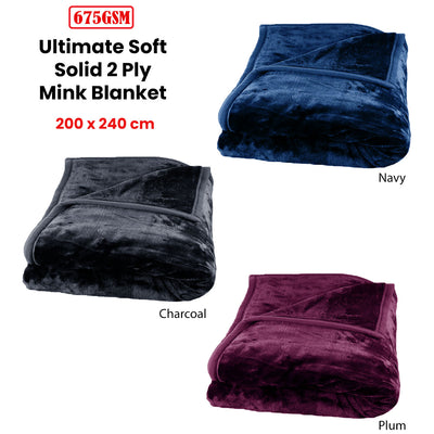 675gsm 2 Ply Solid Faux Mink Blanket Queen 200x240 cm Navy-1