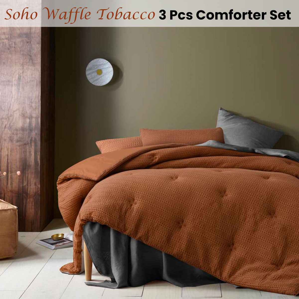 Accessorize Soho Waffle Tobacco 3 Piece Comforter Set King-1