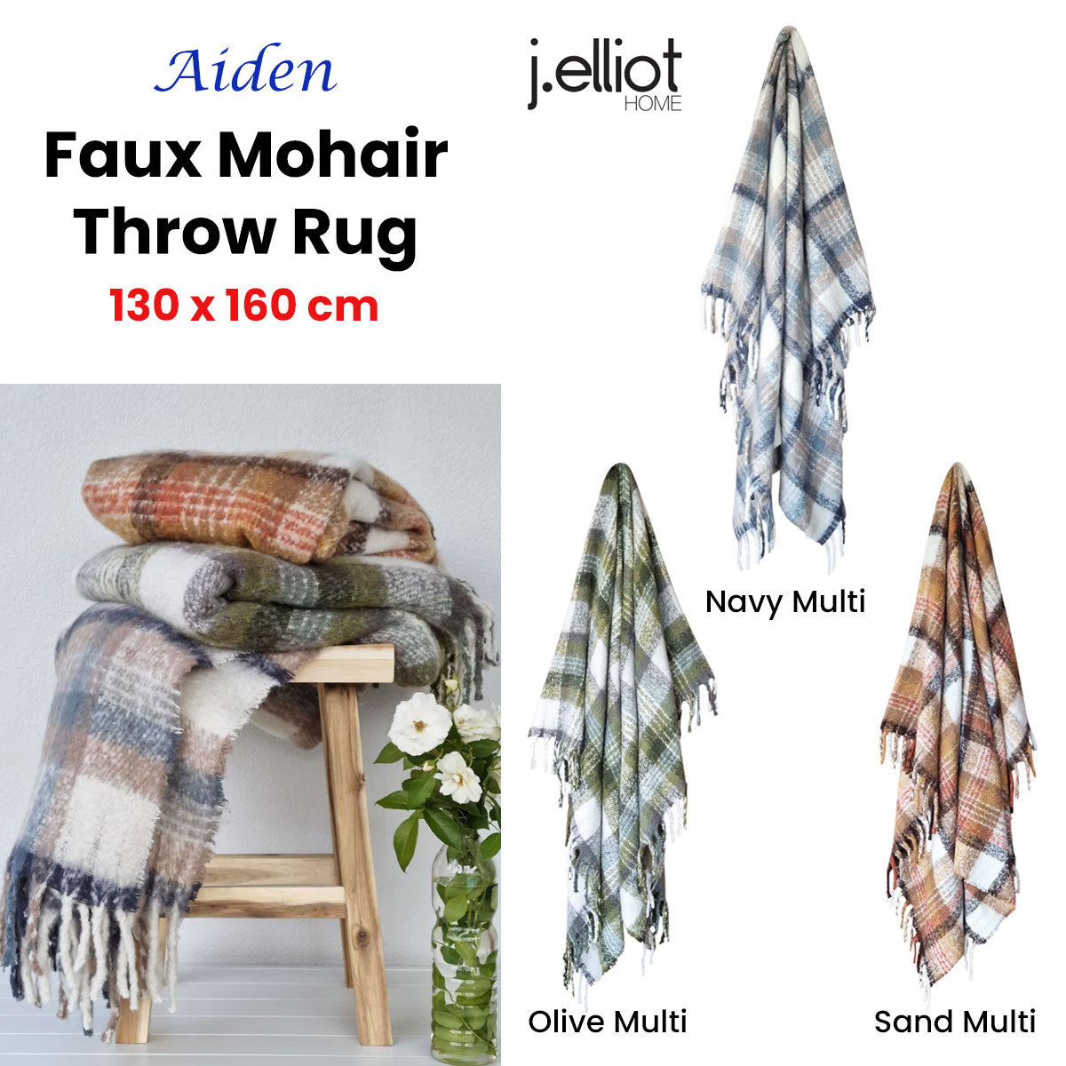 J Elliot Home Aiden Sand Multi Faux Mohair Throw Rug with Fringe 130 x 160cm-1