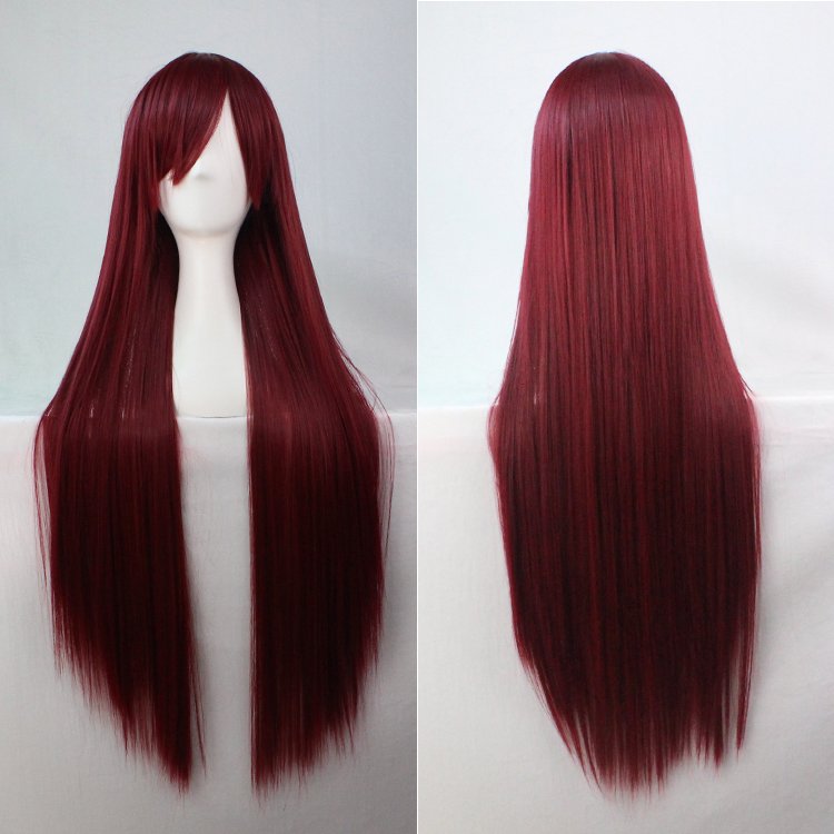 New 80cm Straight Sleek Long Full Hair Wigs w Side Bangs Cosplay Costume Womens, Burgundy-0