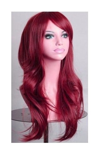 70cm Wavy Curly Sleek Full Hair Lady Wigs w Side Bangs Cosplay Costume Womens, Burgundy-0