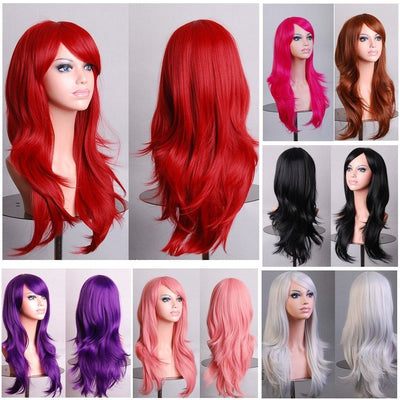 70cm Wavy Curly Sleek Full Hair Lady Wigs w Side Bangs Cosplay Costume Womens, Burgundy-1