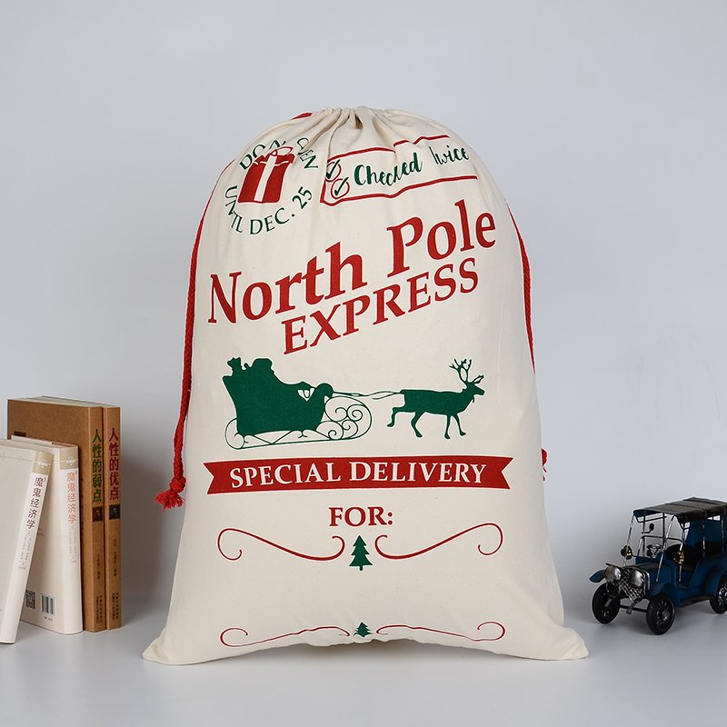 50x70cm Canvas Hessian Christmas Santa Sack Xmas Stocking Reindeer Kids Gift Bag, Cream - North Pole Express-0