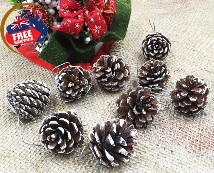 18 Christmas Natural Pine Cones Xmas Tree Hanging Home Decoration Ornament Gifts, 18x Natural w Snow Covered Pinecones-1