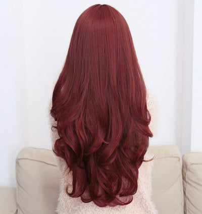 Long Wavy Curly Full Hair Wigs w Side Bangs Cosplay Costume Fancy Anime Womens, Burgundy-0