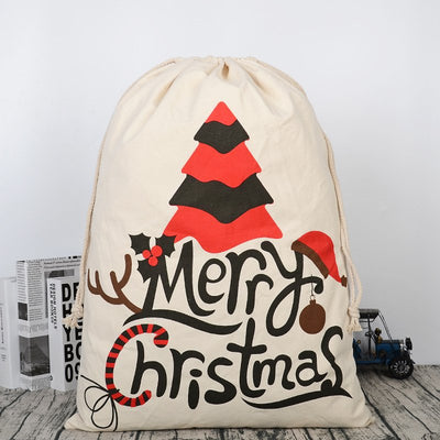 50x70cm Canvas Hessian Christmas Santa Sack Xmas Stocking Reindeer Kids Gift Bag, Cream - Christmas Tree-0