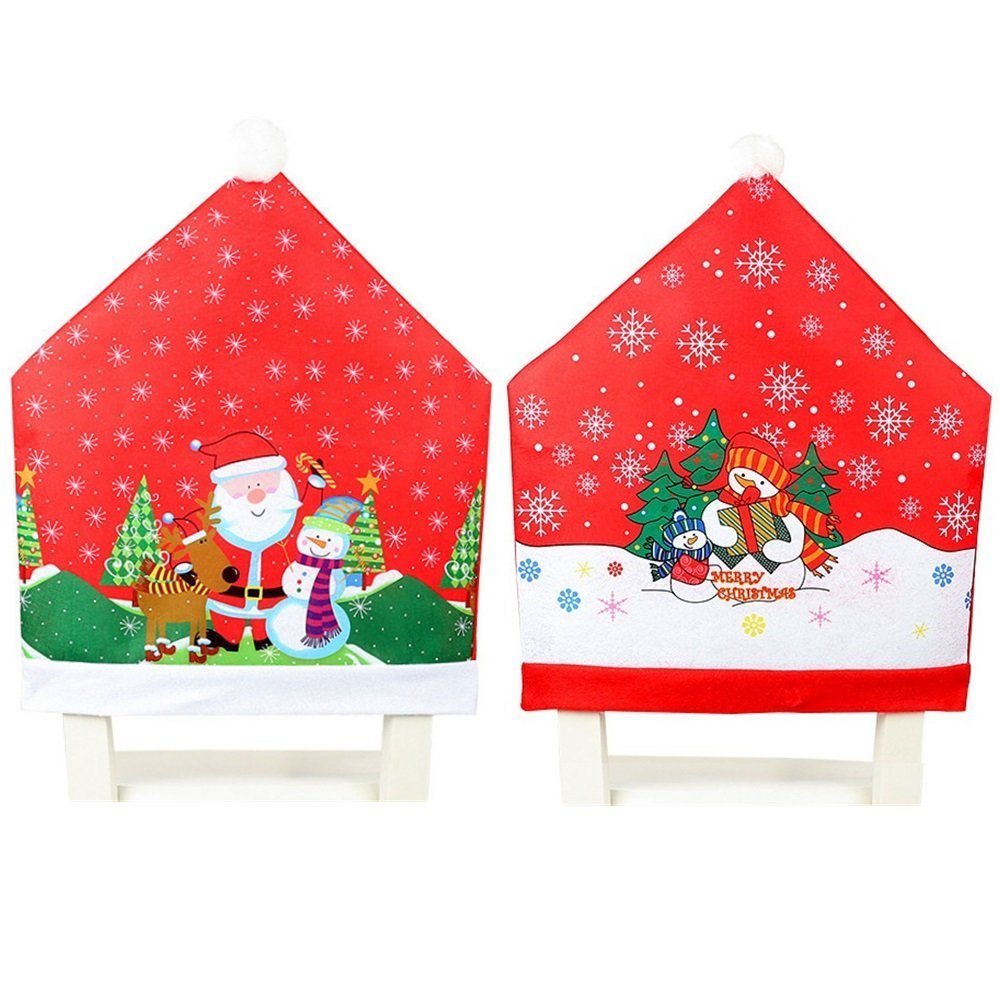 10x Christmas Chair Covers Dinner Table Santa Hat Snowman Home Décor Ornaments, Santa (10 Chair Covers)-1