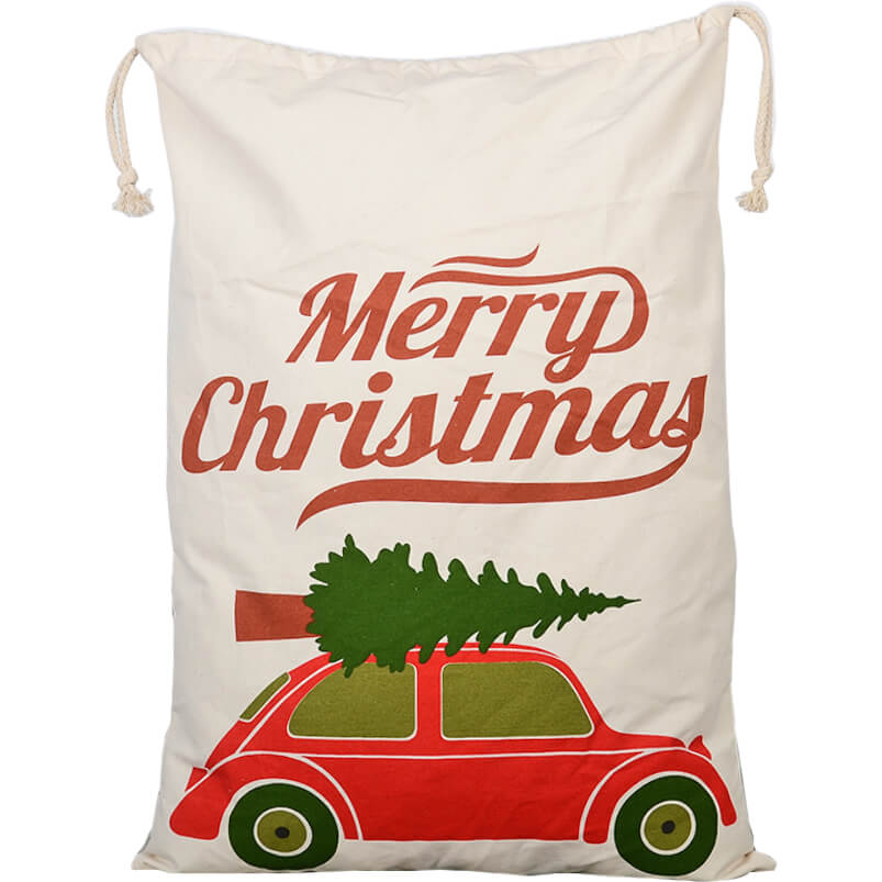 50x70cm Canvas Hessian Christmas Santa Sack Xmas Stocking Reindeer Kids Gift Bag, Cream - Christmas Tree On Car-0