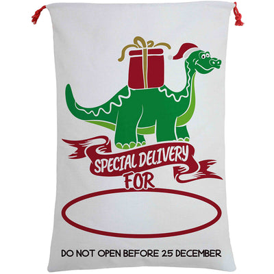 50x70cm Canvas Hessian Christmas Santa Sack Xmas Stocking Reindeer Kids Gift Bag, Special Delivery By Dinosaur-0