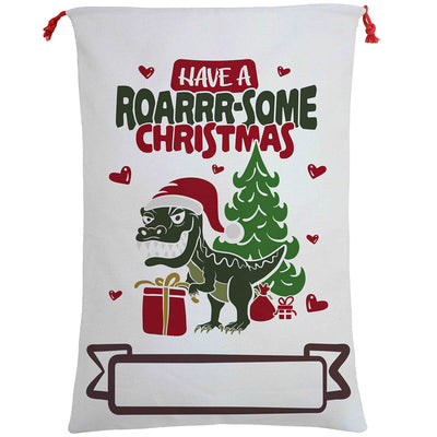 50x70cm Canvas Hessian Christmas Santa Sack Xmas Stocking Reindeer Kids Gift Bag, Have A Roar-some Christmas-0